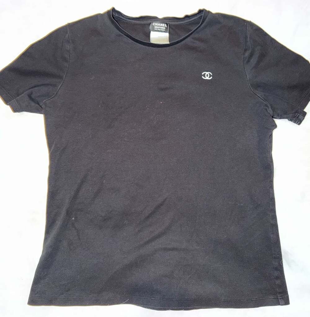 Chanel Uniform Black T-Shirt with Embroidered CC Logo Size S